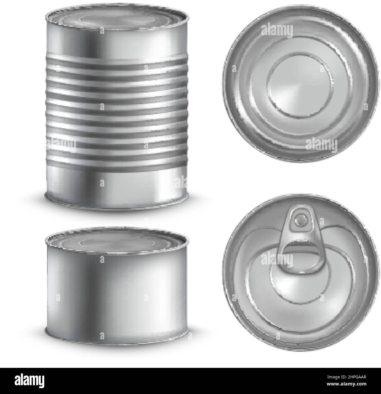 Latas de estaño realistas. 3d latas de metal de maqueta, paquete de  recipiente de acero, tapa enlatada de aluminio, paquete de comida de  cilindro de aluminio, cajas de estaño de plata metálica,