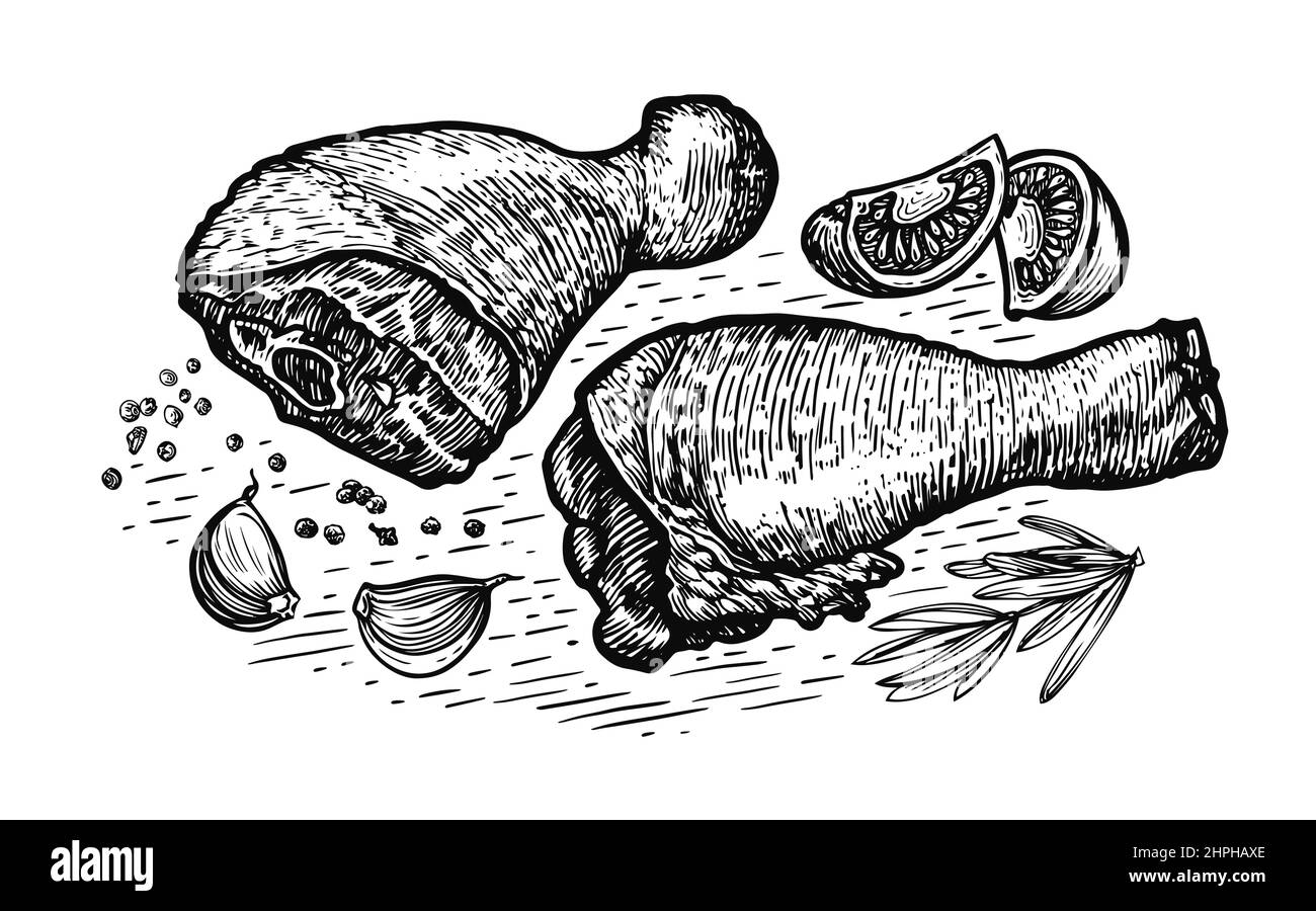 Cocinar las patas de pollo. Ilustración de vector de boceto de carne de