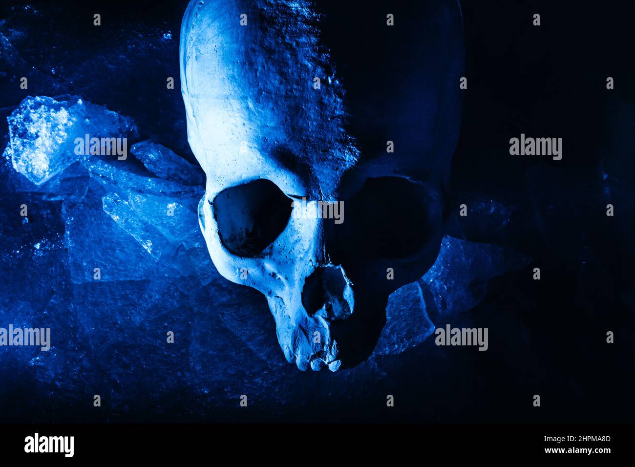 Terror foto aterradora del cráneo humano sobre hielo agrietado en la superficie del suelo, vista superior. Foto de stock