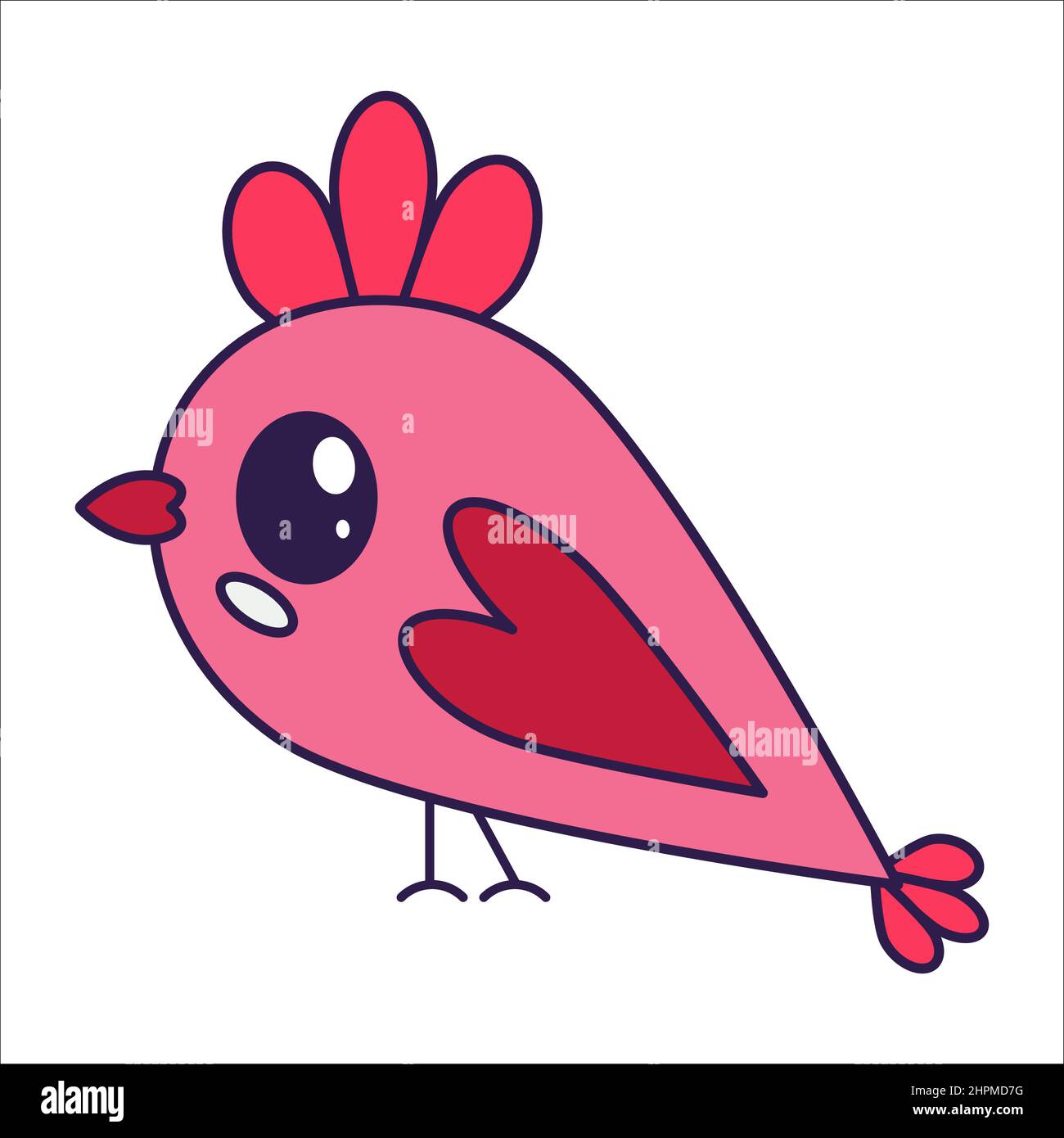 Kawaii San Valentín icono pájaro con corazón peluca. Símbolo de amor en el  moderno estilo de arte de línea pop. El lindo pájaro con corazón es de  color rosa, rojo y cora