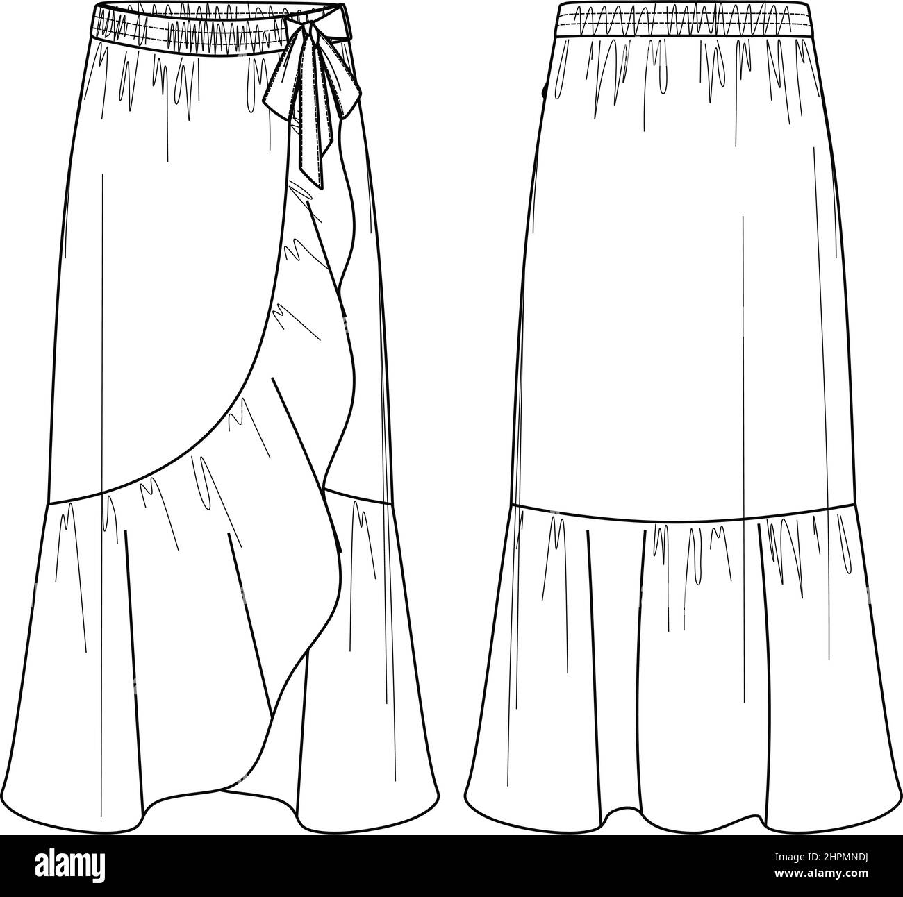 Vector maxi falda moda CAD, mujer falda larga con adornos dibujo técnico,  plantilla, croquis, plano Imagen Vector de stock - Alamy