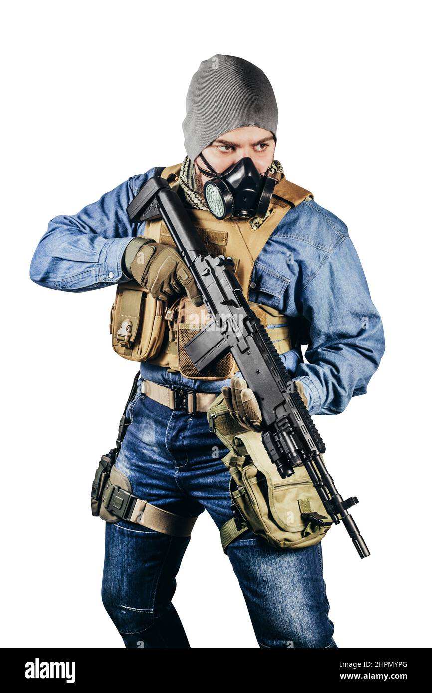 Foto aislada de soldado urbano en traje militar t ctico y m scara