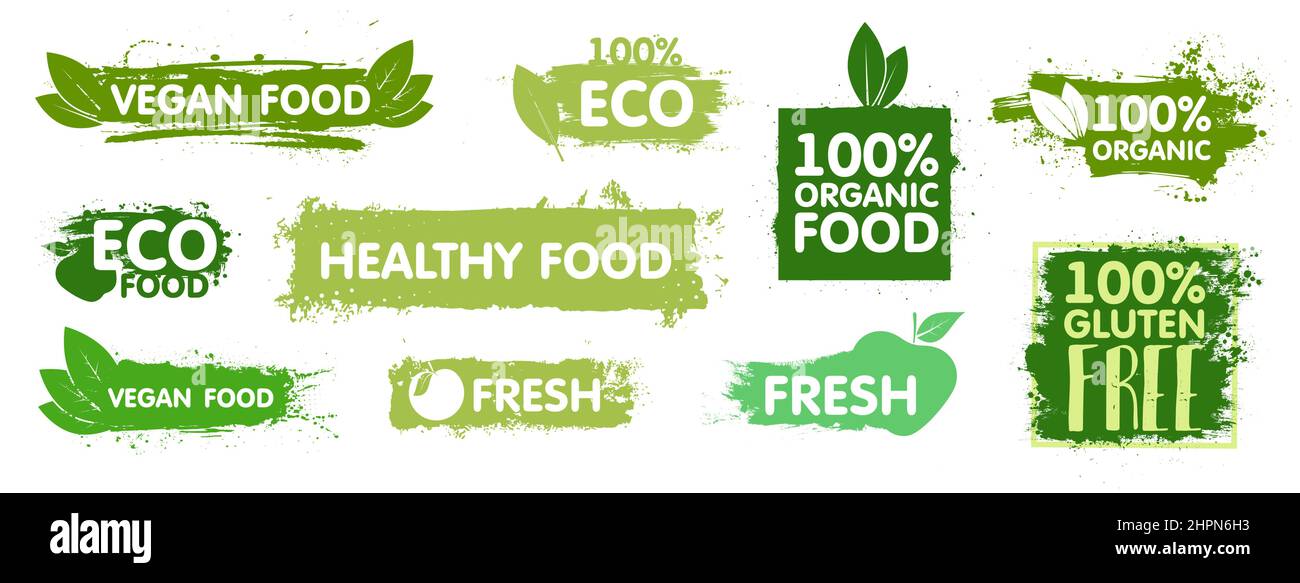 Pegatinas de alimentos orgánicos naturales. Logotipo de comida vegana Ilustración del Vector