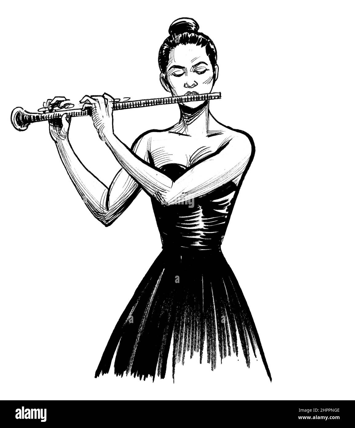 Bonita mujer tocando la flauta. Dibujo en blanco y negro con tinta
