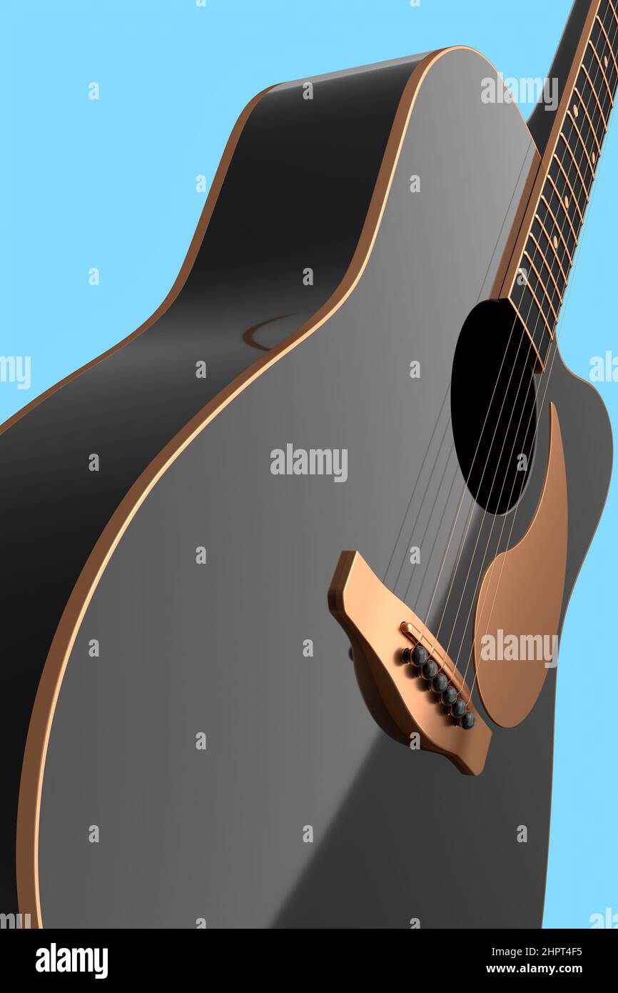 Primer plano de la guitarra acústica aislada sobre fondo azul. 3d render de  concepto para el cartel del festival de rock con guitarra española para la  tienda de música Fotografía de stock -