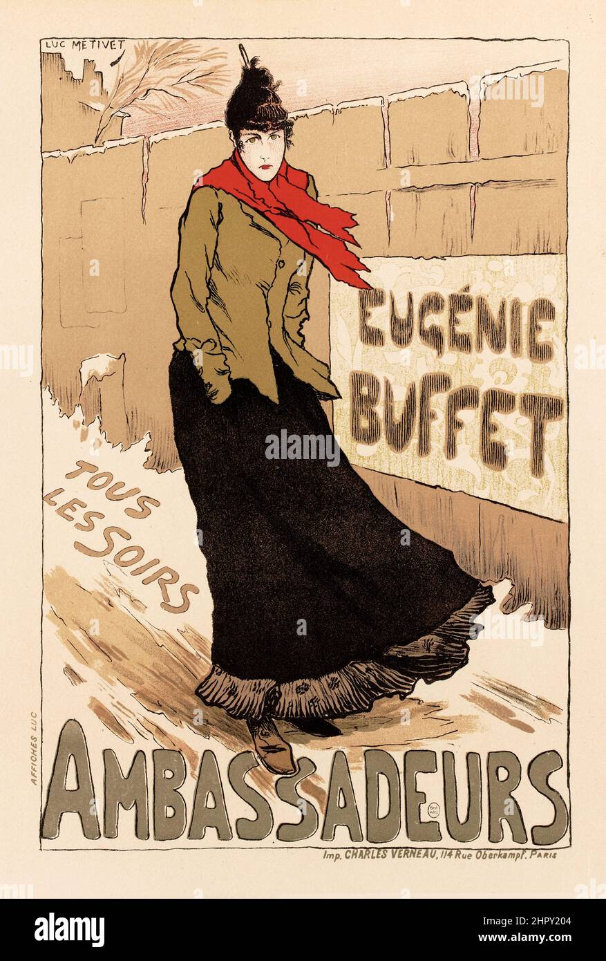 Maitres de l'affiche Vol 1 - Plato 22 - Lucien Metivet - Ambassadeurs. Bufé Eugenie. Tous Les Soirs. 1895. Foto de stock