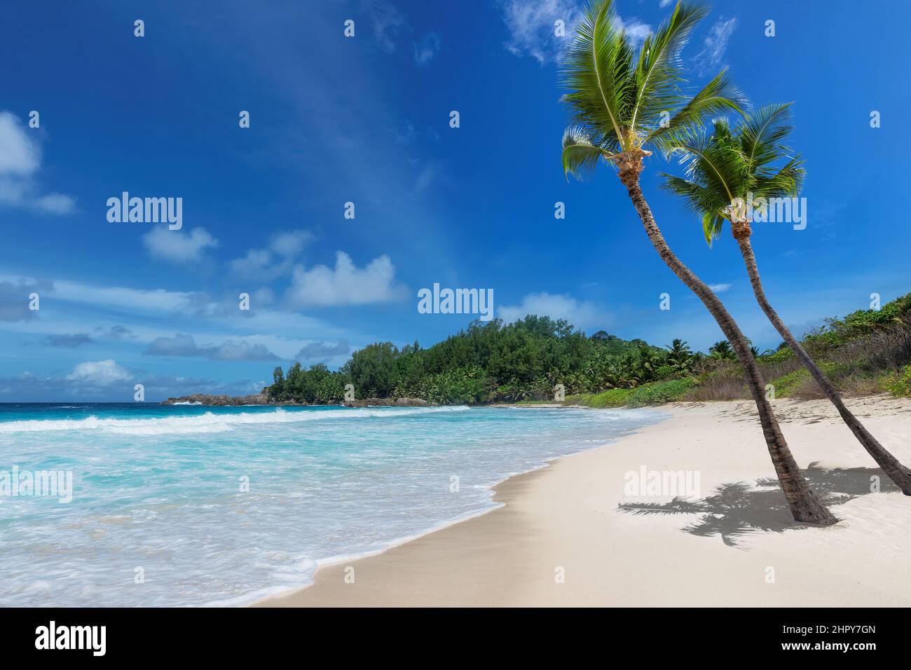 Playa de arena blanca tropical y el mar turquesa en la isla caribeña. Foto de stock