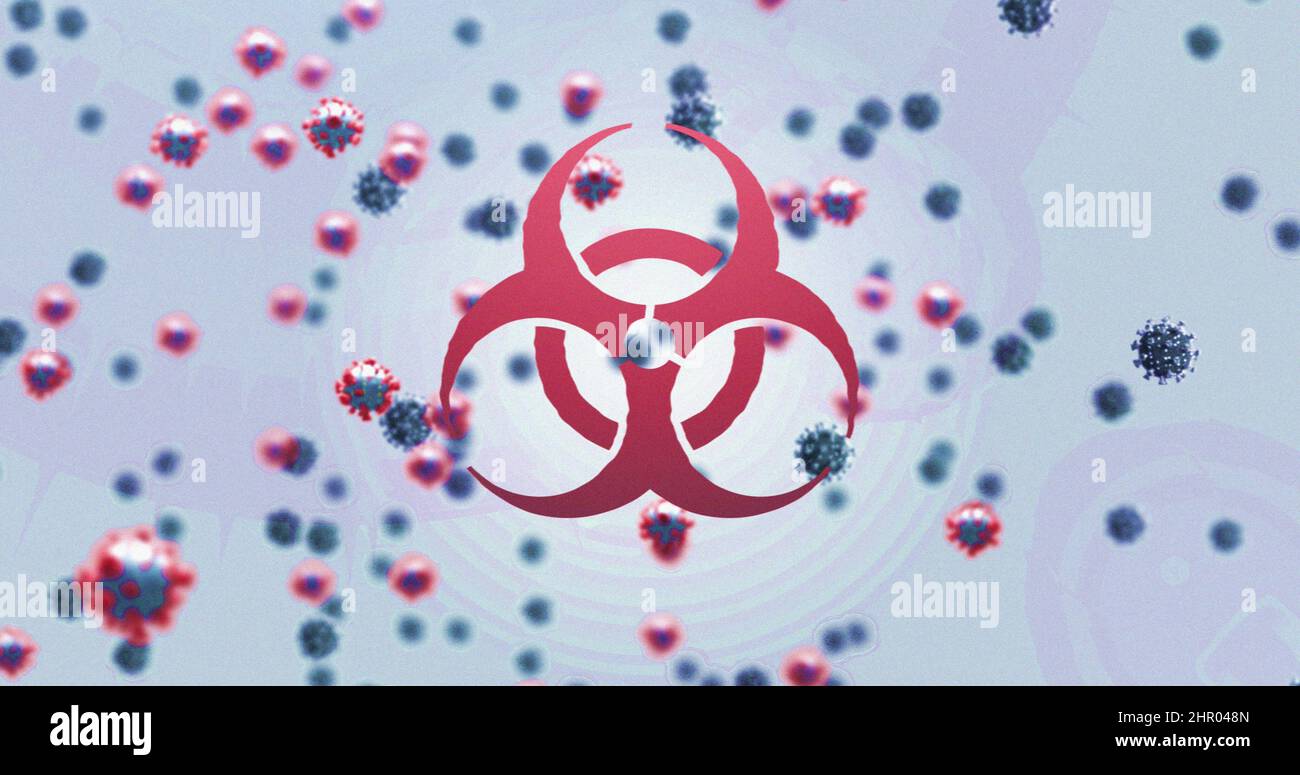 Imagen de las células víricas flotando y símbolo de peligro biológico sobre fondo azul Foto de stock