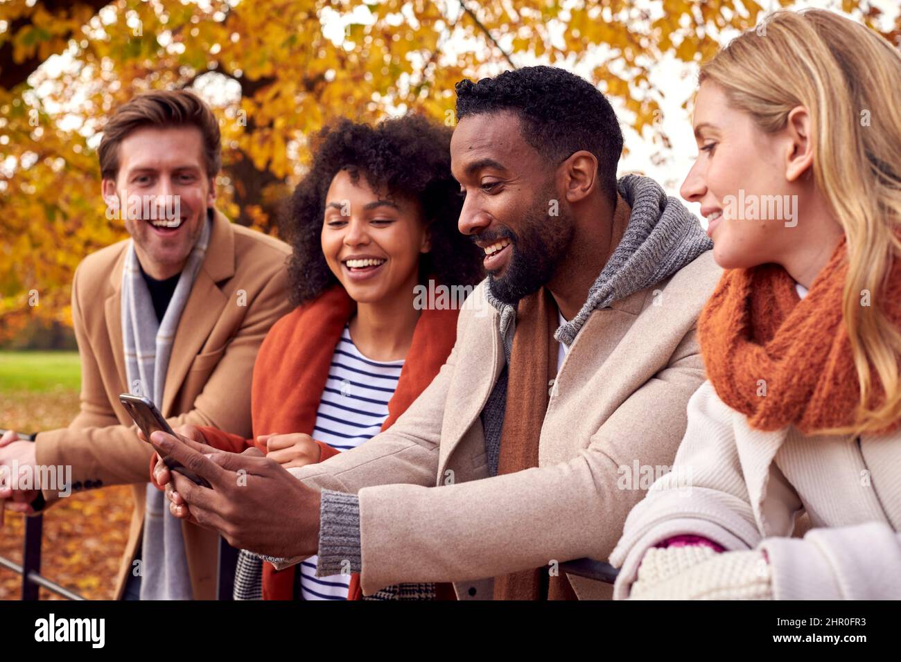 Grupo de amigos al aire libre con batas y bufandas mirando fotos por teléfono en el parque de otoño Foto de stock
