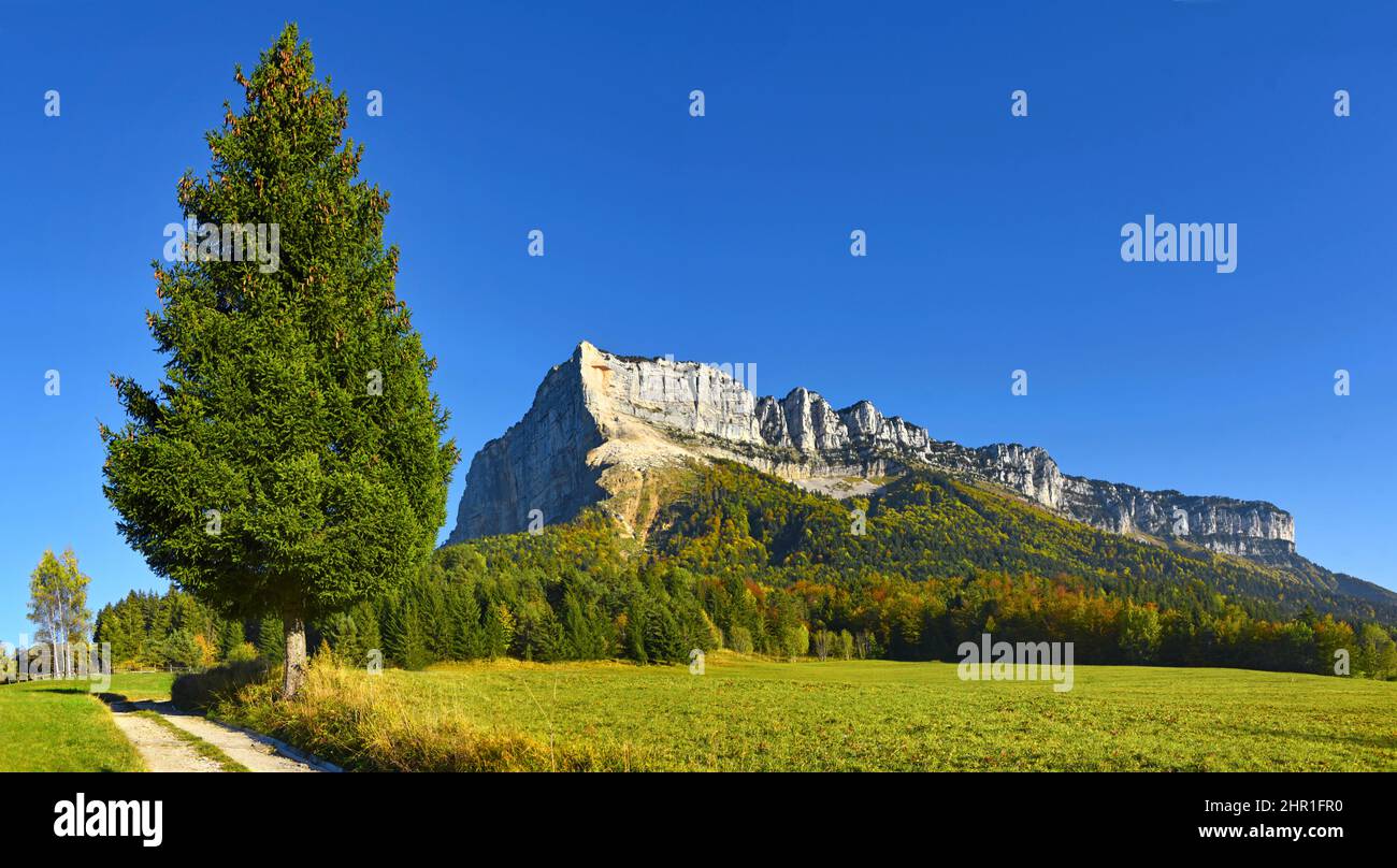 Macizo de montaña Le Granier en el parque natural de Chartreuse, Francia, Saboya, Entremont le Vieux Foto de stock