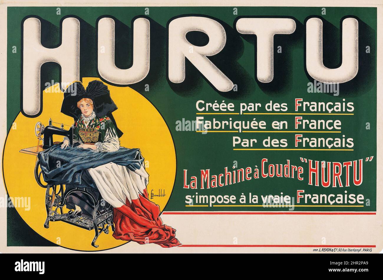 Máquinas de coser Hurtu (c. 1900). Cartel publicitario francés. Louis Bombled Artwork - póster de publicidad vintage Foto de stock