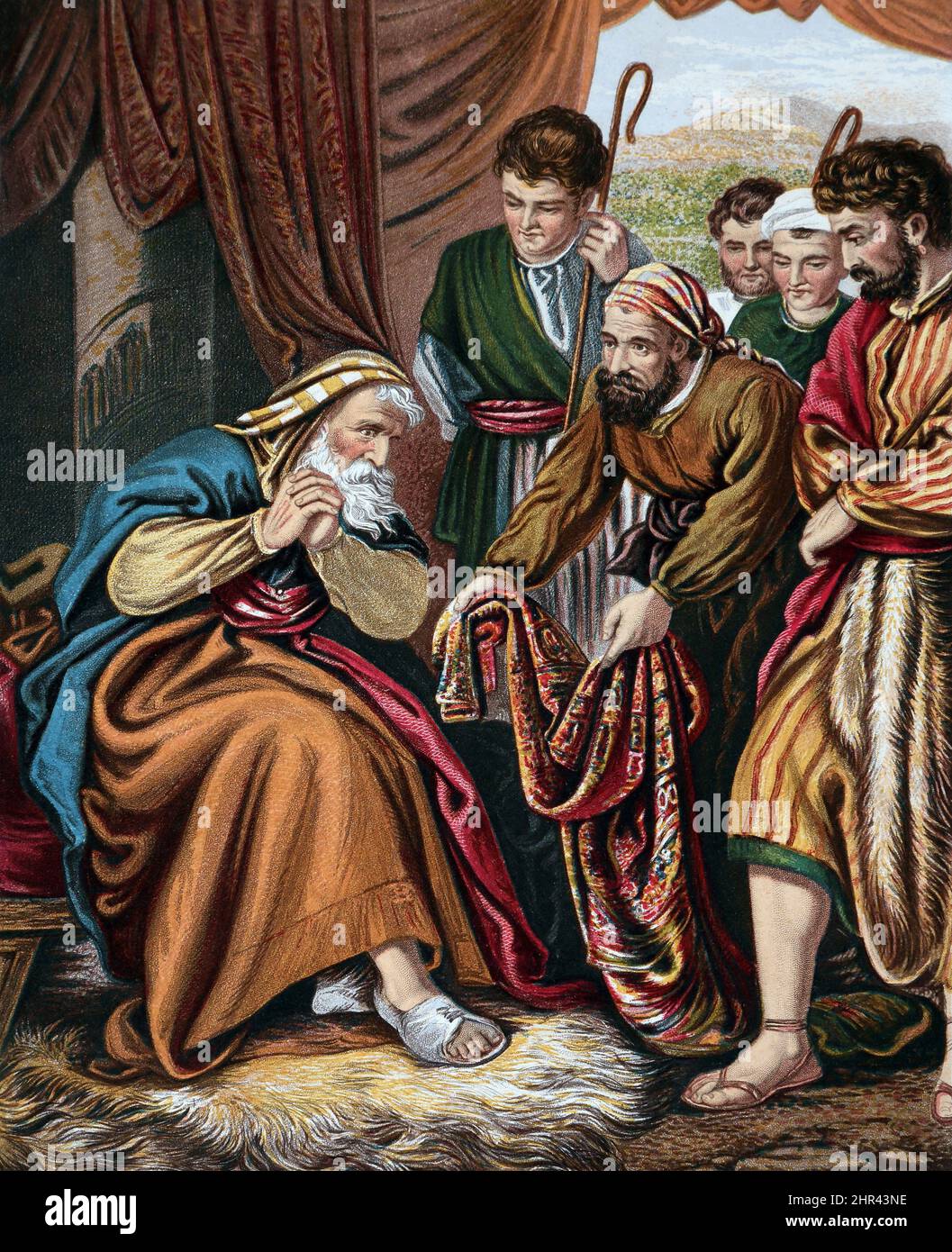 Historias Bíblicas- Ilustración de los Hermanos de José mostrando el Abrigo multicolor sangriento de su Padre Jacob Joseph Foto de stock