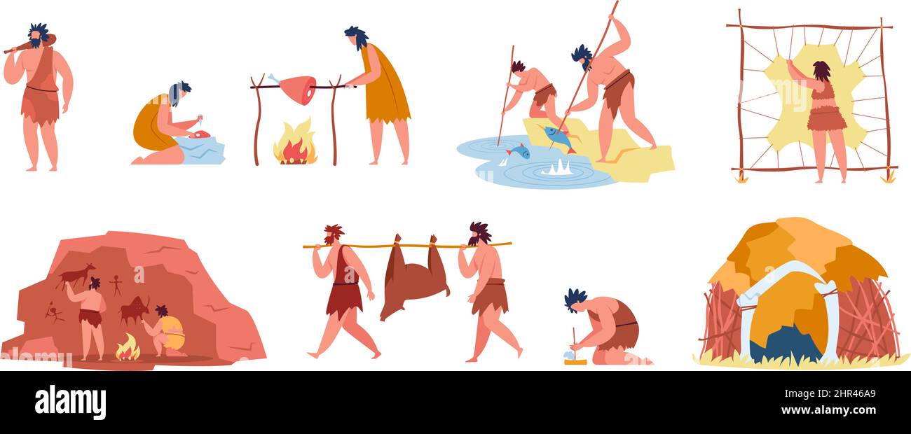 Gente prehistórica con herramientas de la edad de piedra, Cavemen caza mamuts. Personajes primitivos caza, cocinar comida, hacer fuego, caveman cabaña vector conjunto. Ilustración Ilustración del Vector