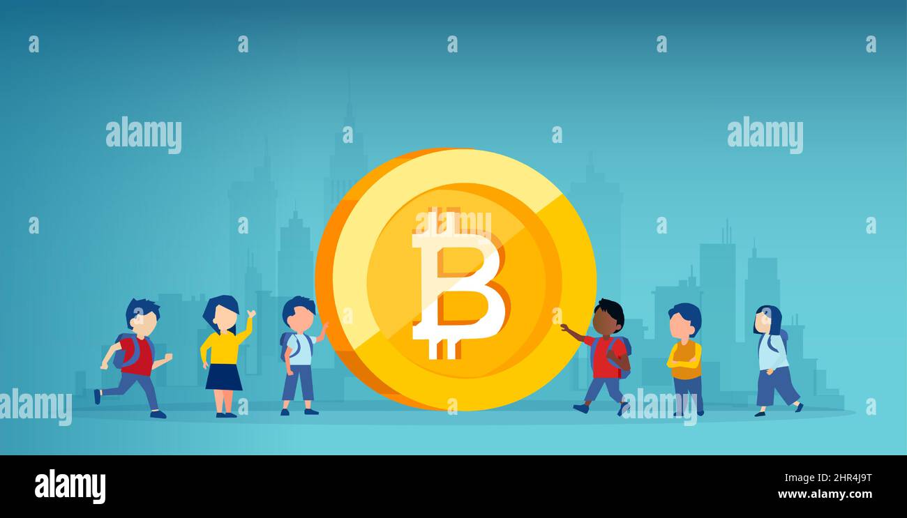 Vector de un grupo de niños pequeños de pie junto a un bitcoin Ilustración del Vector