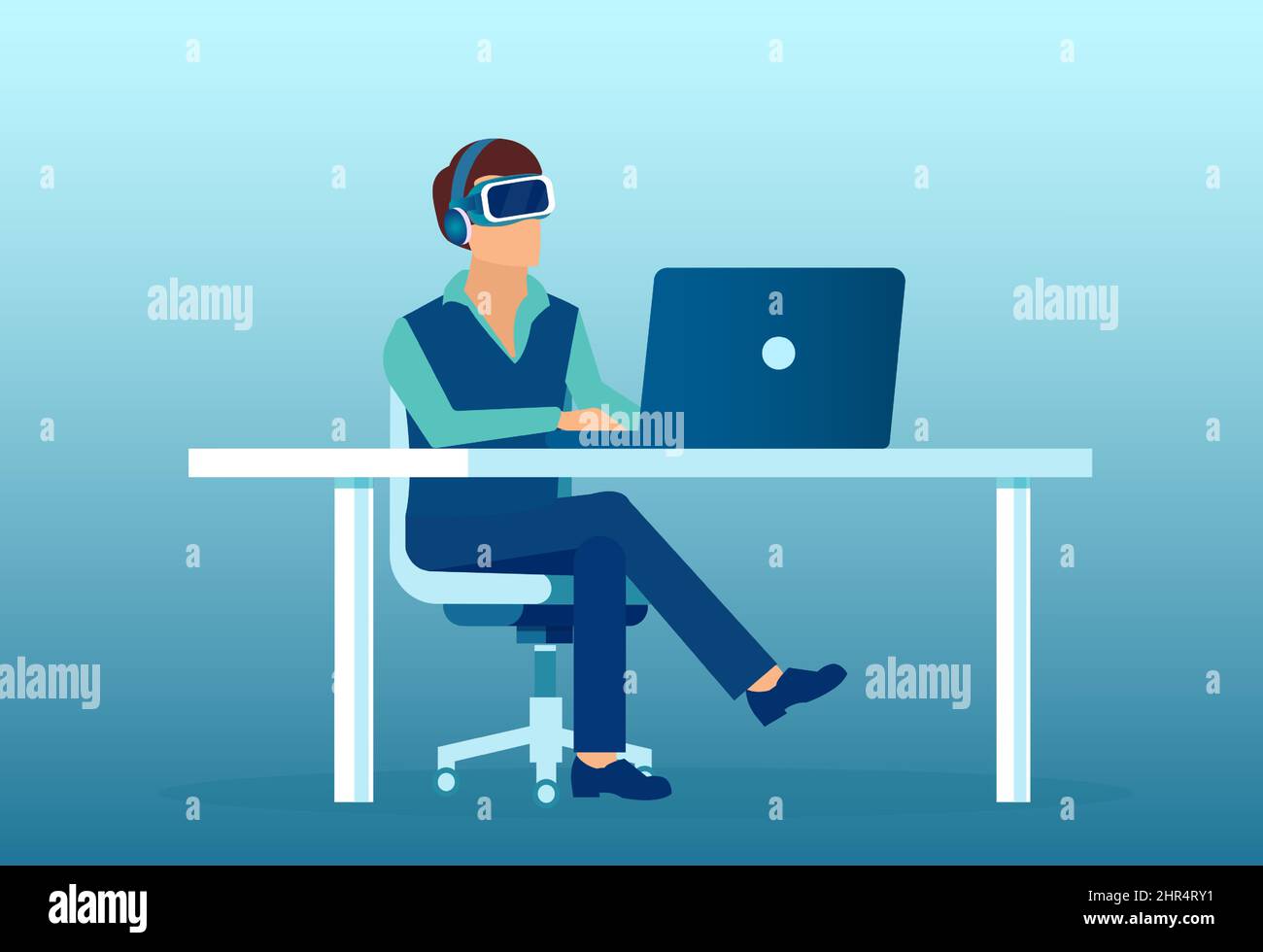 Vector de un hombre sentado en una silla y utilizando un auricular de realidad virtual jugando en la computadora Ilustración del Vector