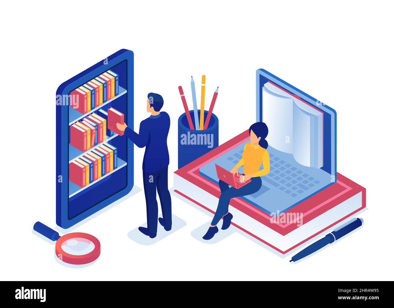 Vector de un hombre y una mujer utilizando recursos de educación en Internet, biblioteca en línea Ilustración del Vector
