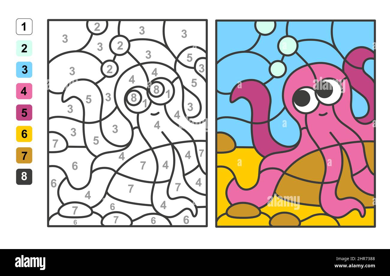Color por números vida marina y oceánica. Juego de rompecabezas para la educación infantil, dibujo y aprendizaje matemáticas Imagen Vector de stock - Alamy