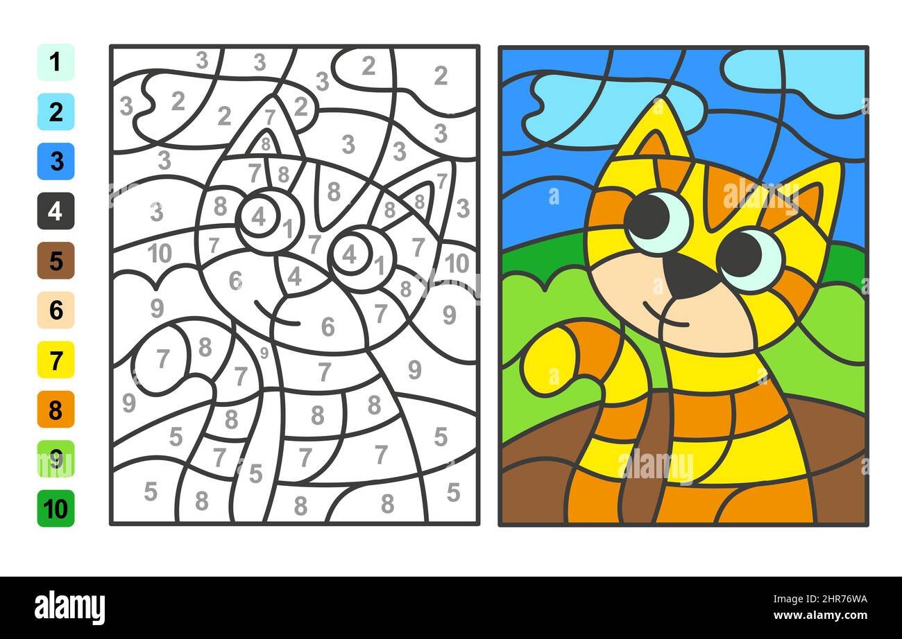 Color por números gato Animal. Juego de rompecabezas para la educación  infantil, dibujo y aprendizaje de matemáticas Imagen Vector de stock - Alamy