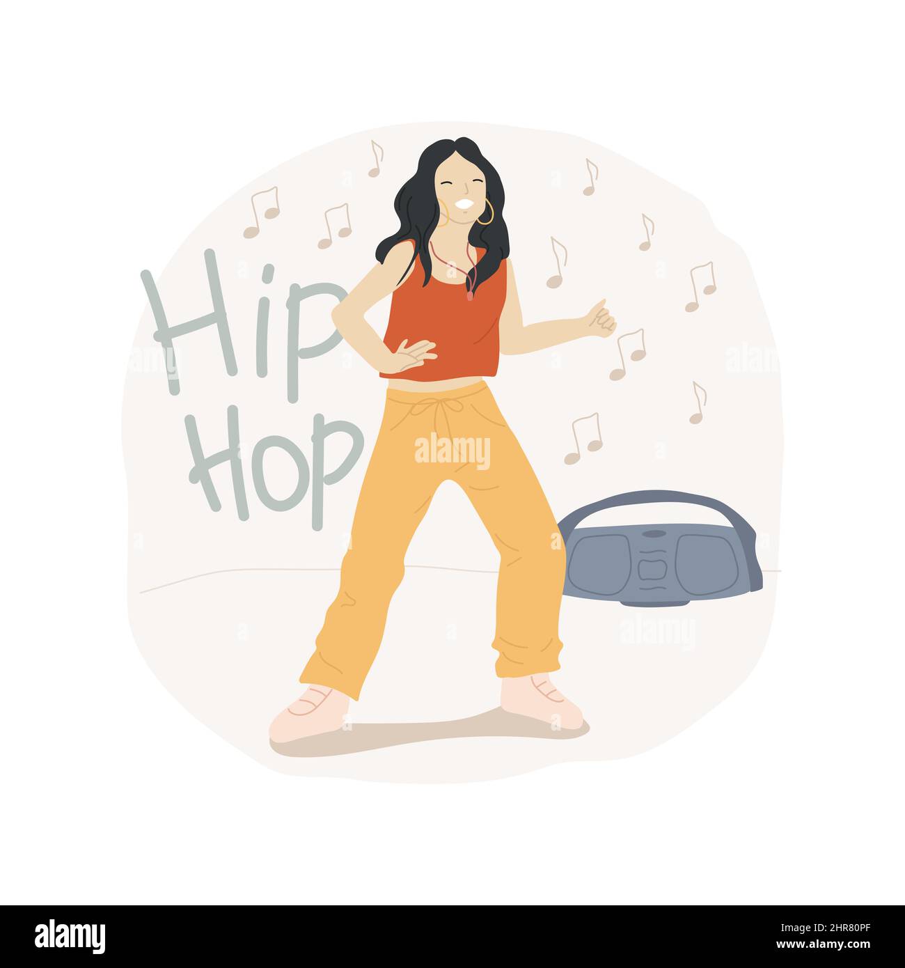 Ilustración de vectores de dibujos animados aislados de la cultura hip-hop.  Baile de niña con estilo hip-hop, rendimiento de adolescentes, estilo de  vida de adolescentes, actividades en el interior, entretenimiento y tiempo