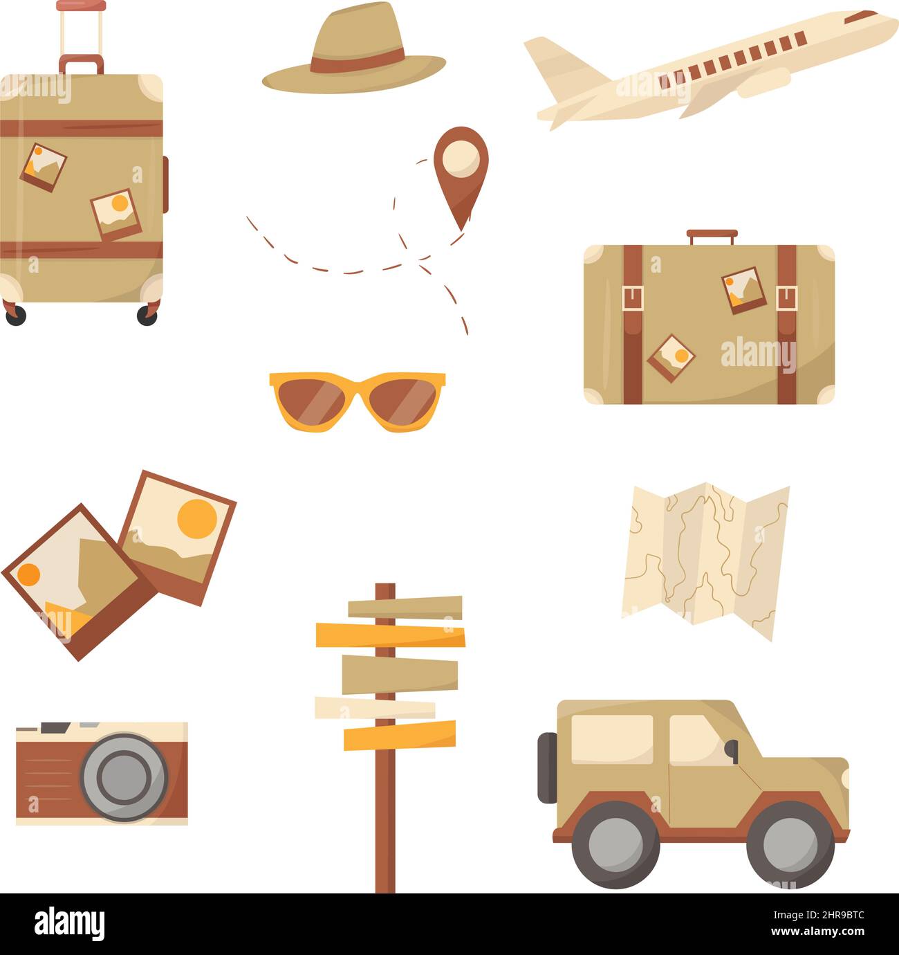 Iconos de Travel Africa Set. Tendencia de diseño plano. Bolsa, maleta, avión, mapa, jeep, puntero, dirección, gafas, cámara. Ilustración del Vector