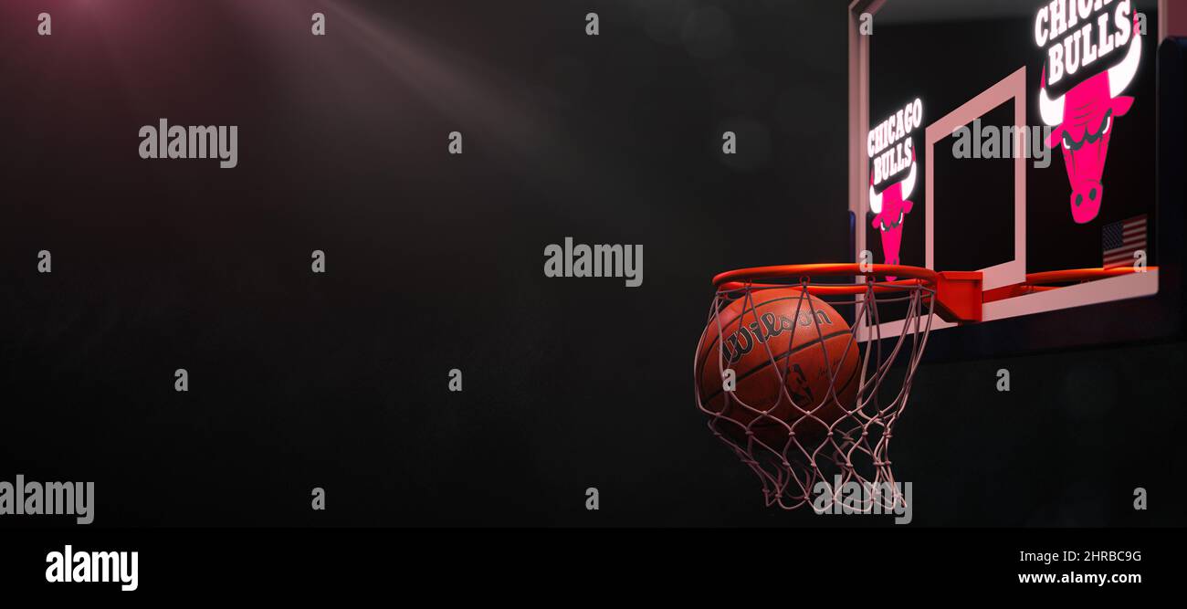 Guilherand-Granges, Francia - 22 de febrero de 2022. Baloncesto de la NBA.  Cesta de puntuación con el logotipo de Chicago Bulls. Concepto de juego de  temporada regular o Playoffs. 3D re Fotografía