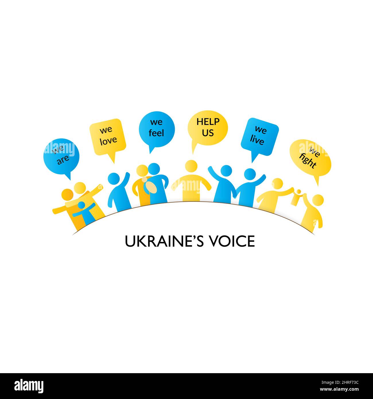 Junto con Ucrania. Una simple ilustración con la gente en forma de iconos, símbolos que muestran solidaridad con Ucrania y piden ayuda. No hay guerra Foto de stock
