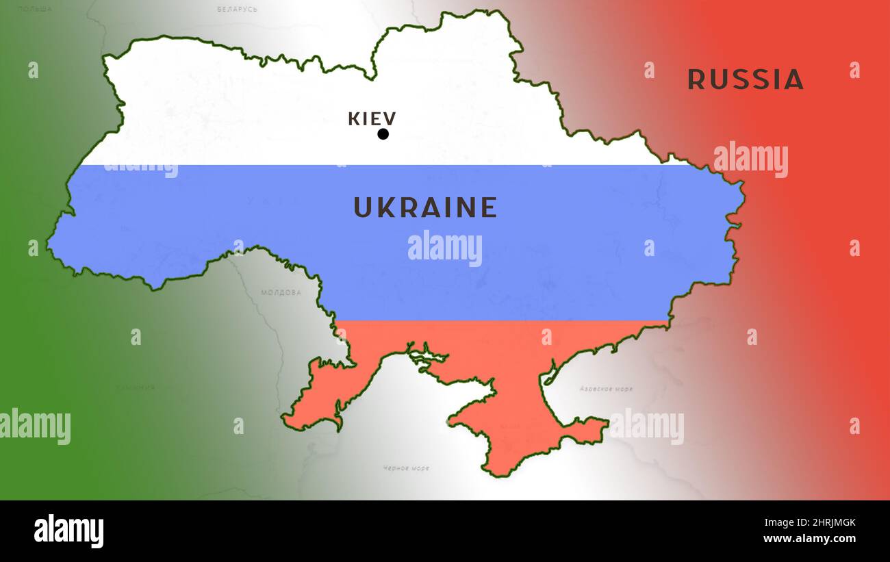 La guerra de Ucrania con Rusia. Ocupación de Ucrania por tropas rusas. Bandera de Rusia en el mapa de Ucrania Foto de stock