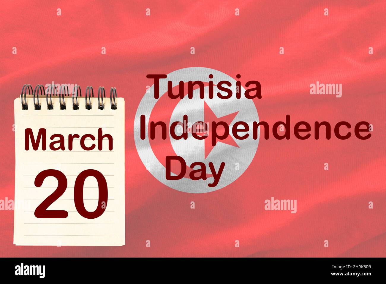 La celebración del Día de la Independencia de Túnez con la bandera y el calendario que indica el 20 de marzo Foto de stock
