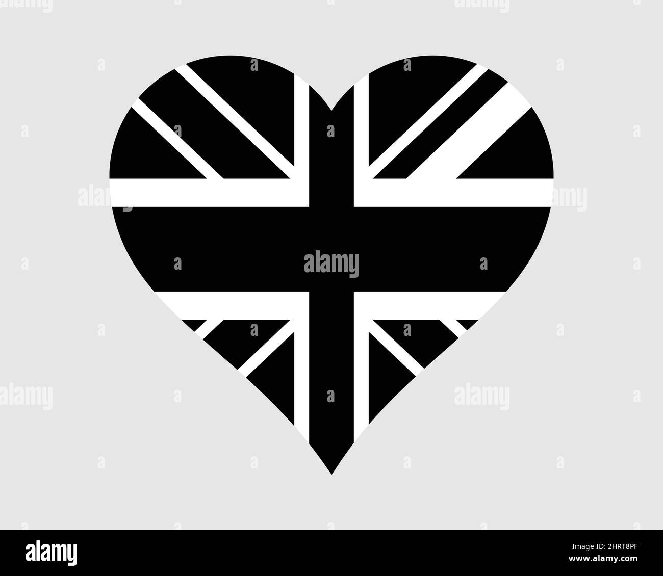 Bandera de Corazón en Blanco y Negro del Reino Unido. Reino Unido Dark Love Shape País Nación Bandera Nacional. Símbolo de icono de bandera de Union Jack monocromo. Vector EPS Ilustración del Vector