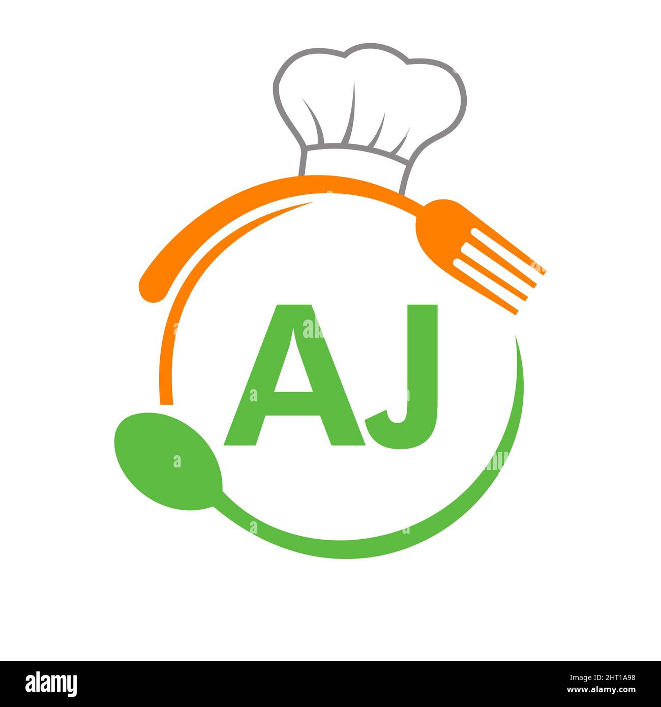 Carta AJ Restaurant Logo con Chef Hat Spoon y Fork Template. Logotipo del restaurante en la carta AJ Barbecue, Cafe Logo Vector Ilustración del Vector