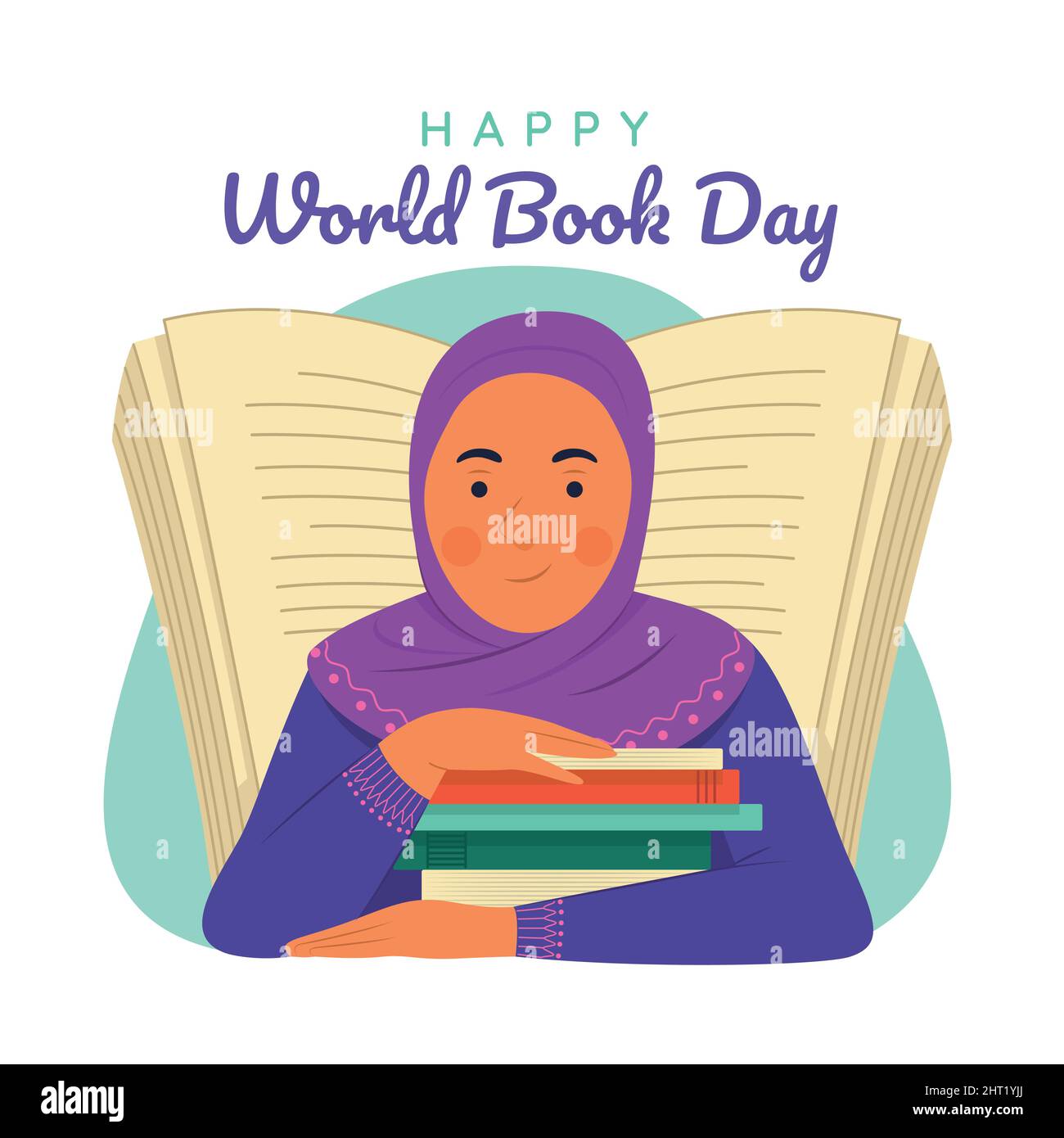 https://c8.alamy.com/compes/2ht1yjj/nina-musulmana-con-pila-de-libros-para-el-dia-mundial-del-libro-ilustracion-2ht1yjj.jpg