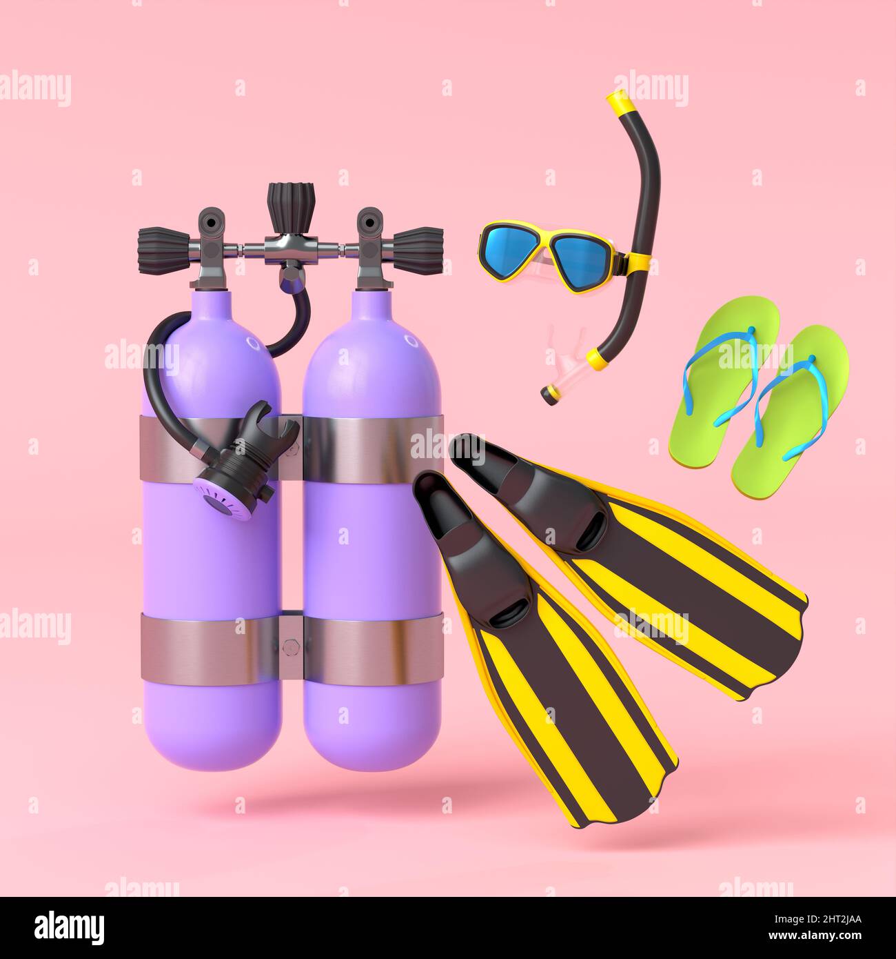 Coloridos artículos de buceo y accesorios de playa como paraguas, chanclas  y anillo inflable sobre fondo rosa. 3D render del concepto de vacaciones de  verano y Fotografía de stock - Alamy