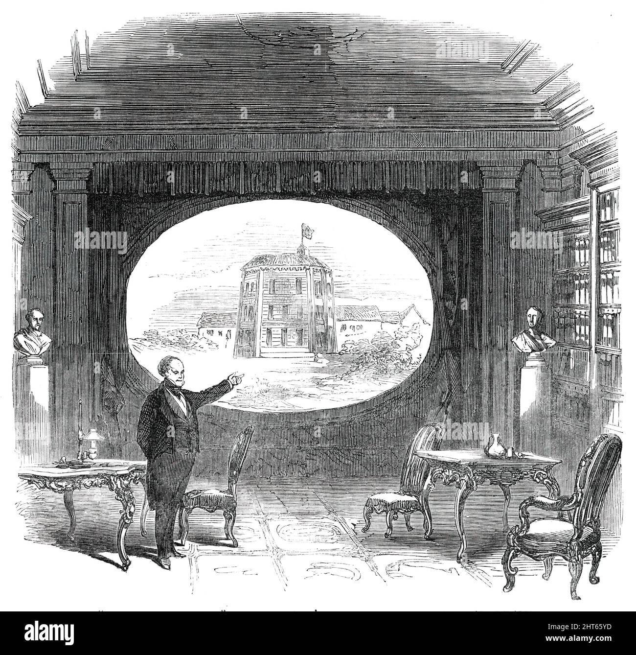 Sr. Bunn en el escenario, en el teatro de St. James - Escena el teatro Blackfriars, [Londres], 1850. '...un monólogo...en las cosas teatrales, en el gran Shakspeare...la discusión fue aliviada por los chalecos viejos y nuevos, por anécdotas ditto, y por recitaciones que mostraron un talento histriónico considerable... Sr. Bunn pronunció su conferencia con mucha facilidad y tacto, aunque no sin señales de cansancio hacia la conclusión - un resultado que no debe ser preguntado, considerando que habló en conjunto durante más de tres horas. Al tratar el “genio y carrera de Shakspeare”, el Sr. Bunn il Foto de stock
