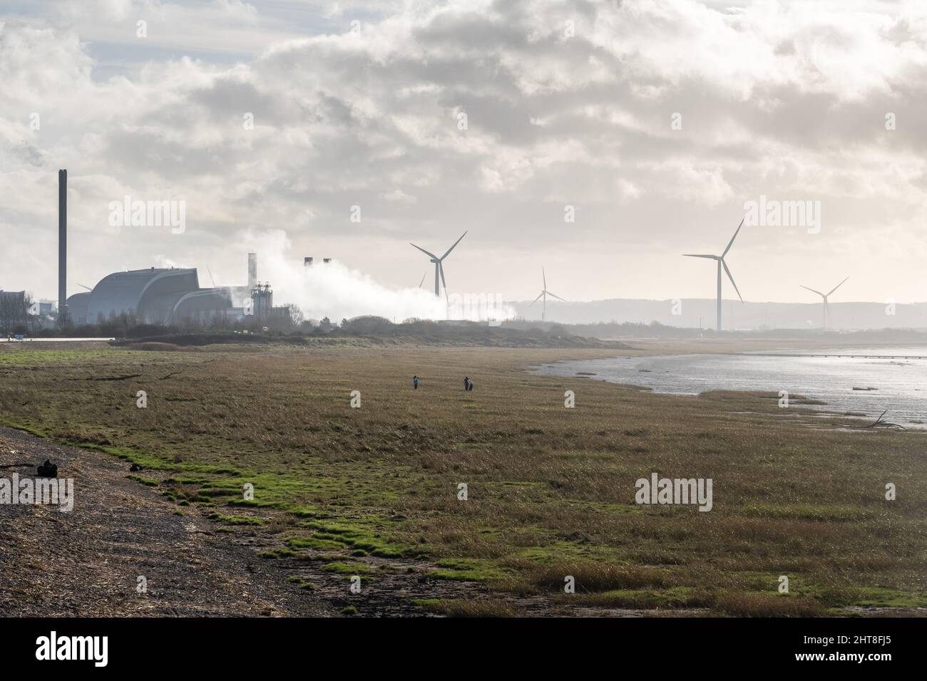 Los observadores de aves se encuentran a orillas del estuario de Severn, con turbinas eólicas y vapor que se elevan desde el Centro de Recuperación de Energía de Severnside y Seabank Power Foto de stock