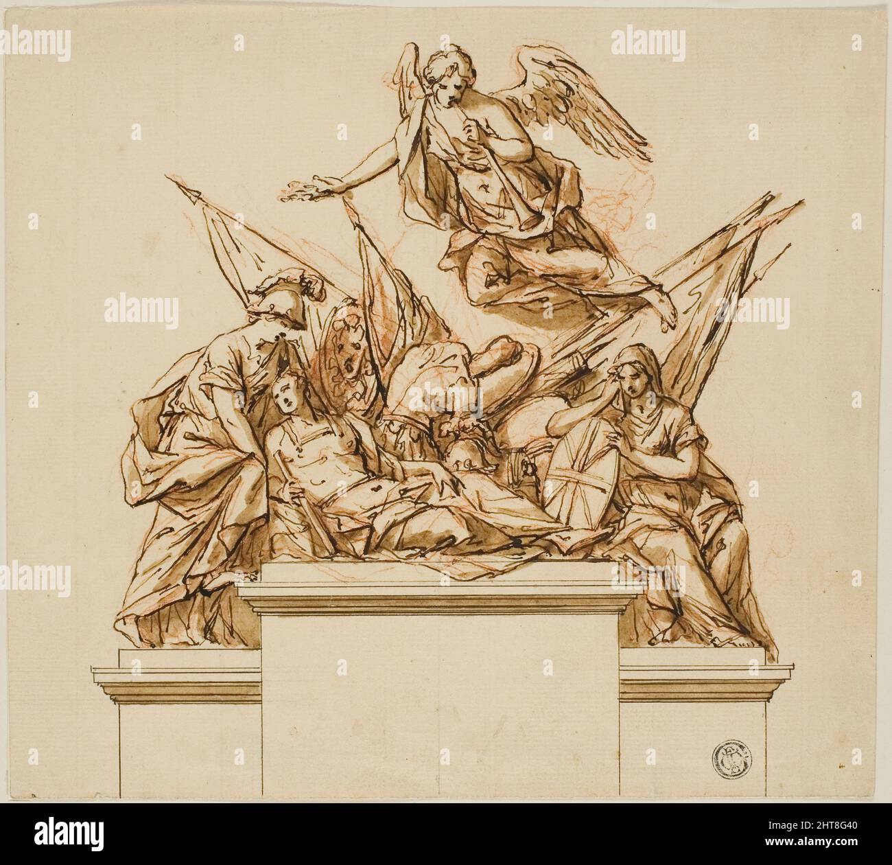 Guerrero por Britannia, Minerva, y la Fama (recto); Diseño