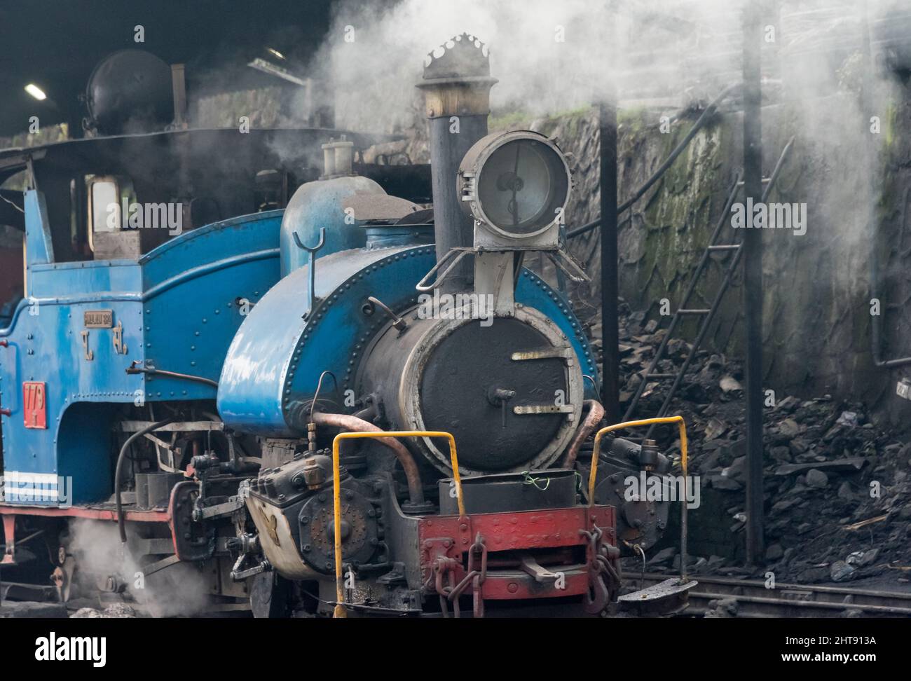 Tren de vapor en el ferrocarril del Himalaya de Darjeeling (también conocido como DHR o tren de juguete) pasando por la ciudad, Darjeeling, Bengala Occidental, India Foto de stock
