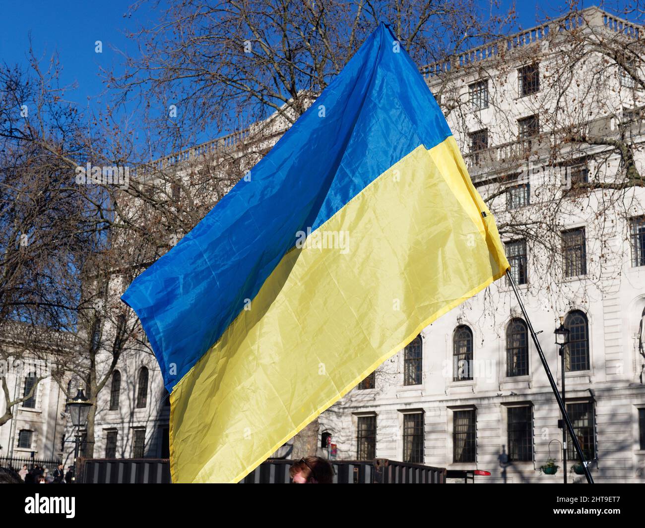 Vista de una bandera ucraniana en una gran manifestación en Trafalgar Square London para protestar por la invasión rusa de Ucrania Foto de stock