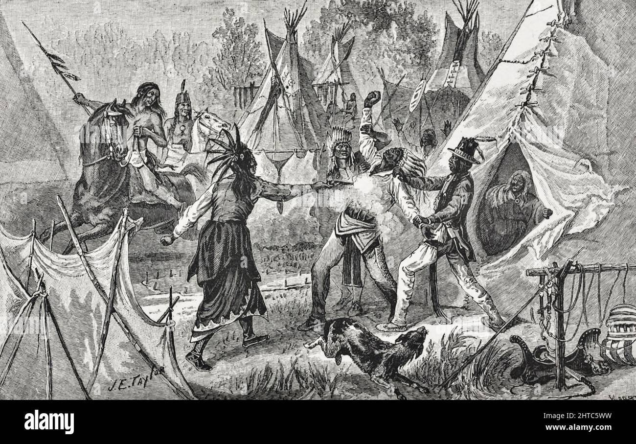 Spotted Tail Asesinando a Big Mouth, un jefe rival del libro ' Nuestros indios salvajes; treinta y tres años de experiencia personal entre los hombres rojos del gran oeste ' por Richard Irving Dodge, Richard Irving Dodge (19 de mayo de 1827 - 16 de junio de 1895) fue un coronel en el ejército de los Estados Unidos. Dodge nació en Carolina del Norte[1] y murió después de una larga y exitosa carrera en el Ejército de los Estados Unidos. Comenzó como cadete en 1844 y se retiró como coronel el 19 de mayo de 1891. Publicado A. D. Worthington and Company, 1883, Hartford, Connecticut Foto de stock