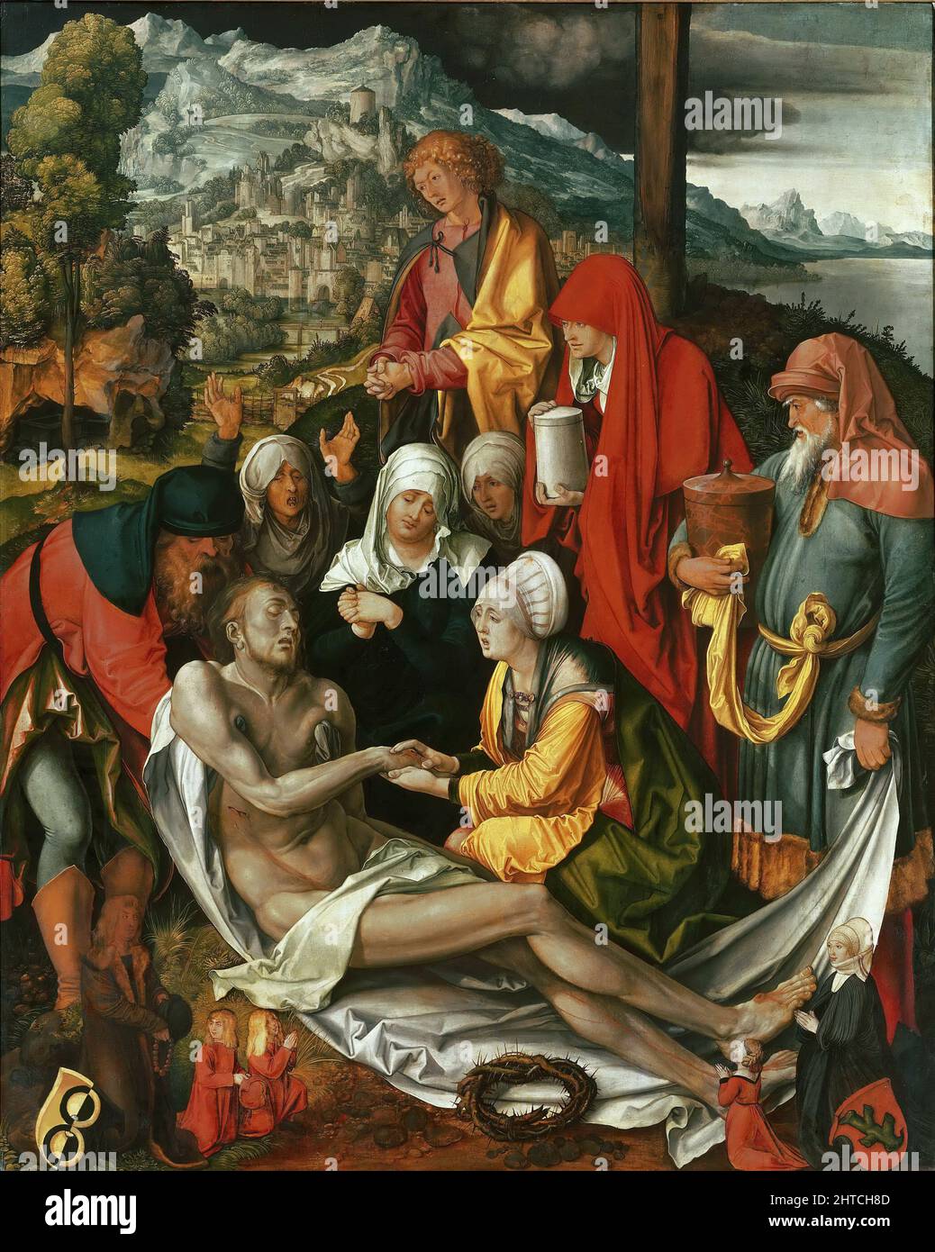 La Lamentación de Cristo (la Lamentación de Glimm), c. 1500. Encontrado en la Colección del Alte Pinakothek, Munich. Foto de stock