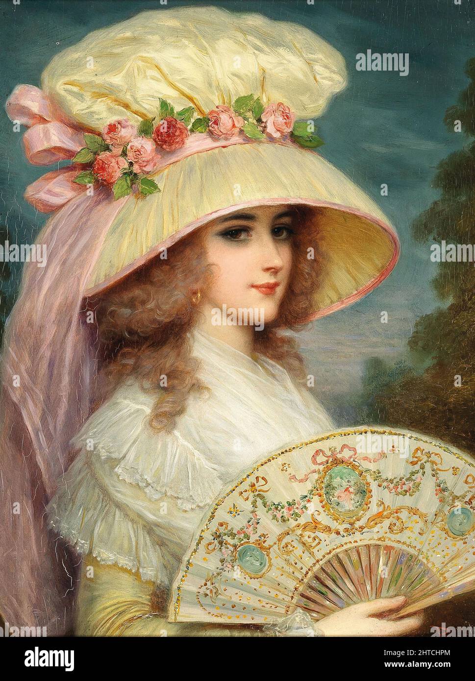 Dama con sombrero florecido y ventilador. Colección privada. Foto de stock
