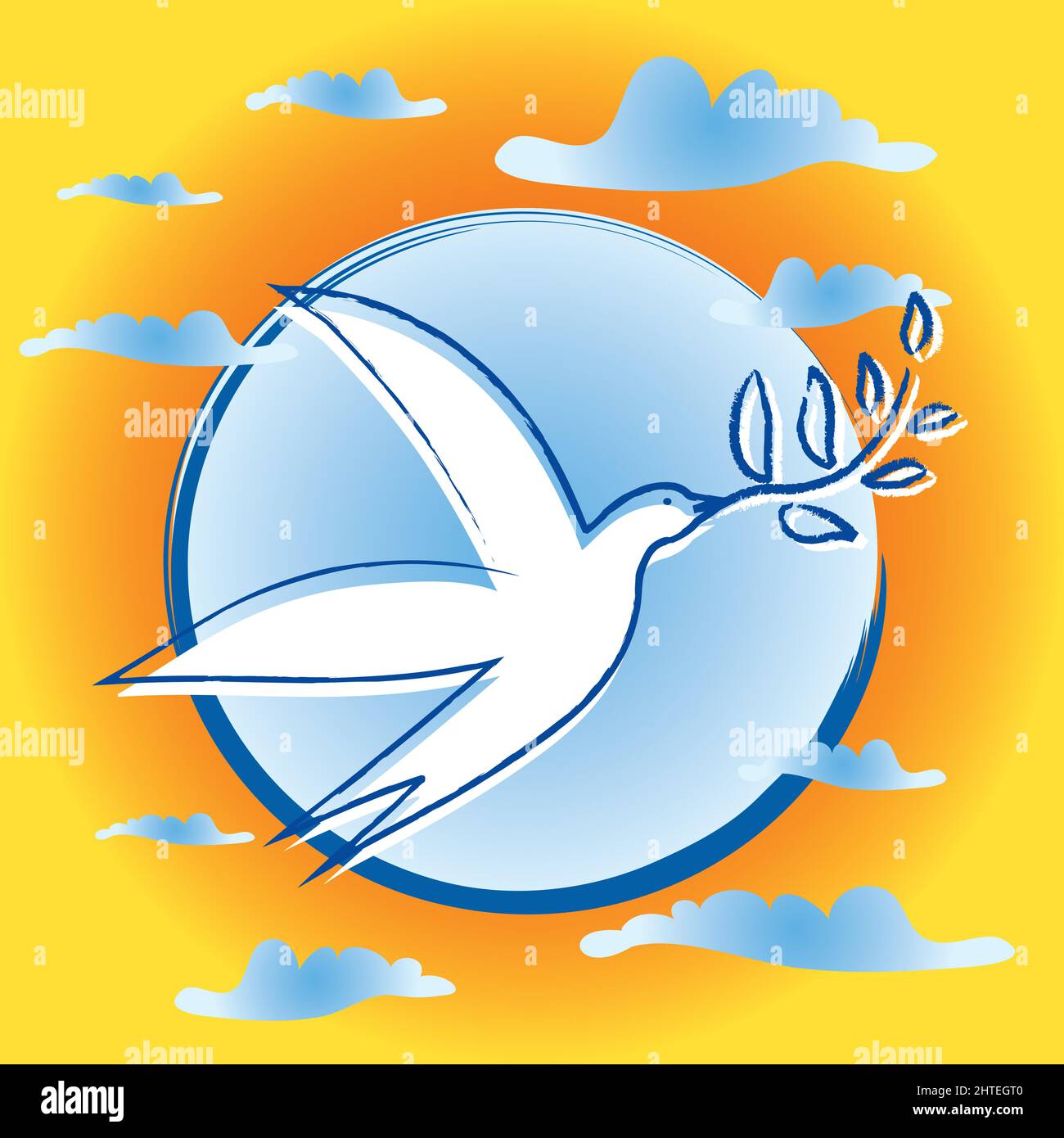 Pájaro con Rama de Oliva - Símbolo de Paz - Fondo del Círculo Azul - Nubes y colores vibrantes al atardecer Ilustración del Vector