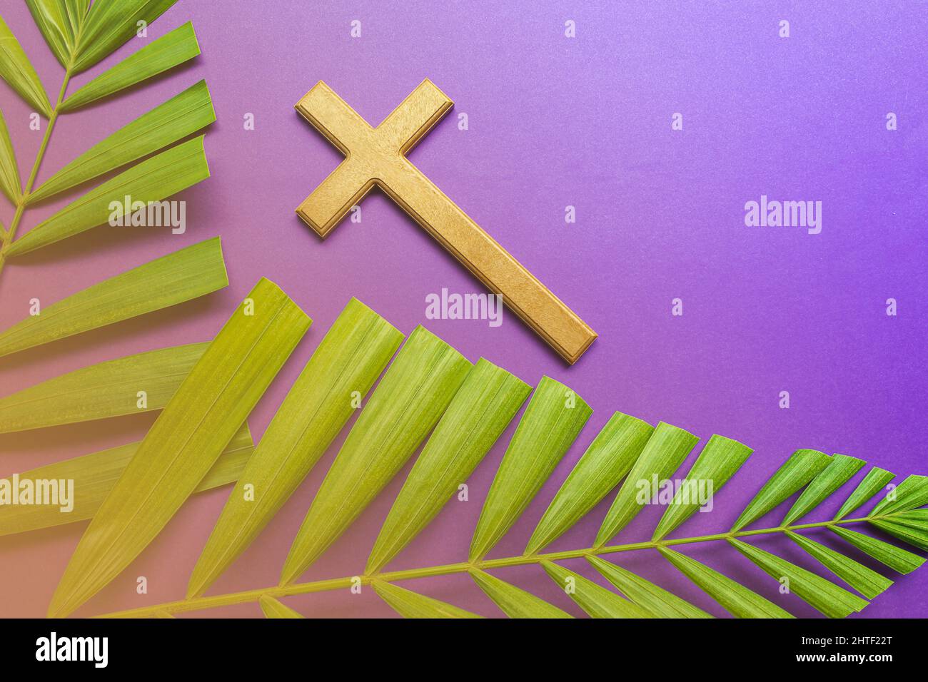 Cruz y hojas de palma sobre fondo púrpura. Concepto de temporada de Cuaresma. Foto de stock