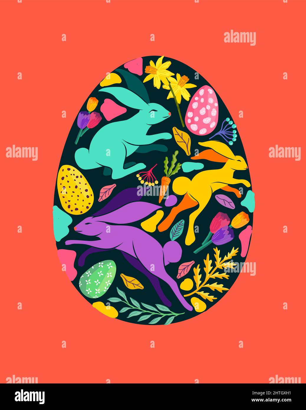 Colorido y brillante forma de huevo de pascua decorado con flores y plantas florales, conejos y huevos de pascua. Ilustración vectorial. Ilustración del Vector