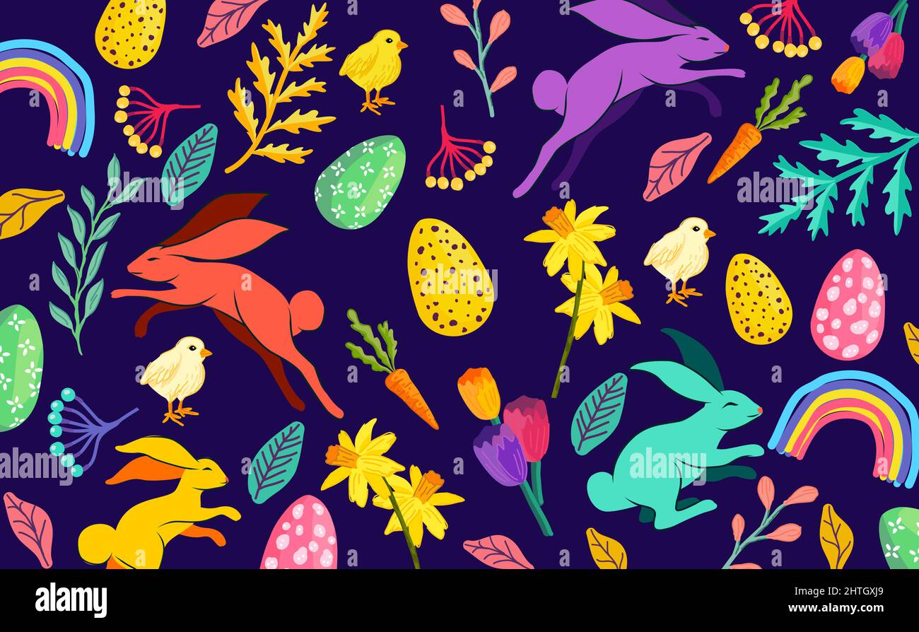 Un luminoso y colorido fondo decorado con elementos florales, conejos y huevos de chocolate. Ilustración vectorial Ilustración del Vector