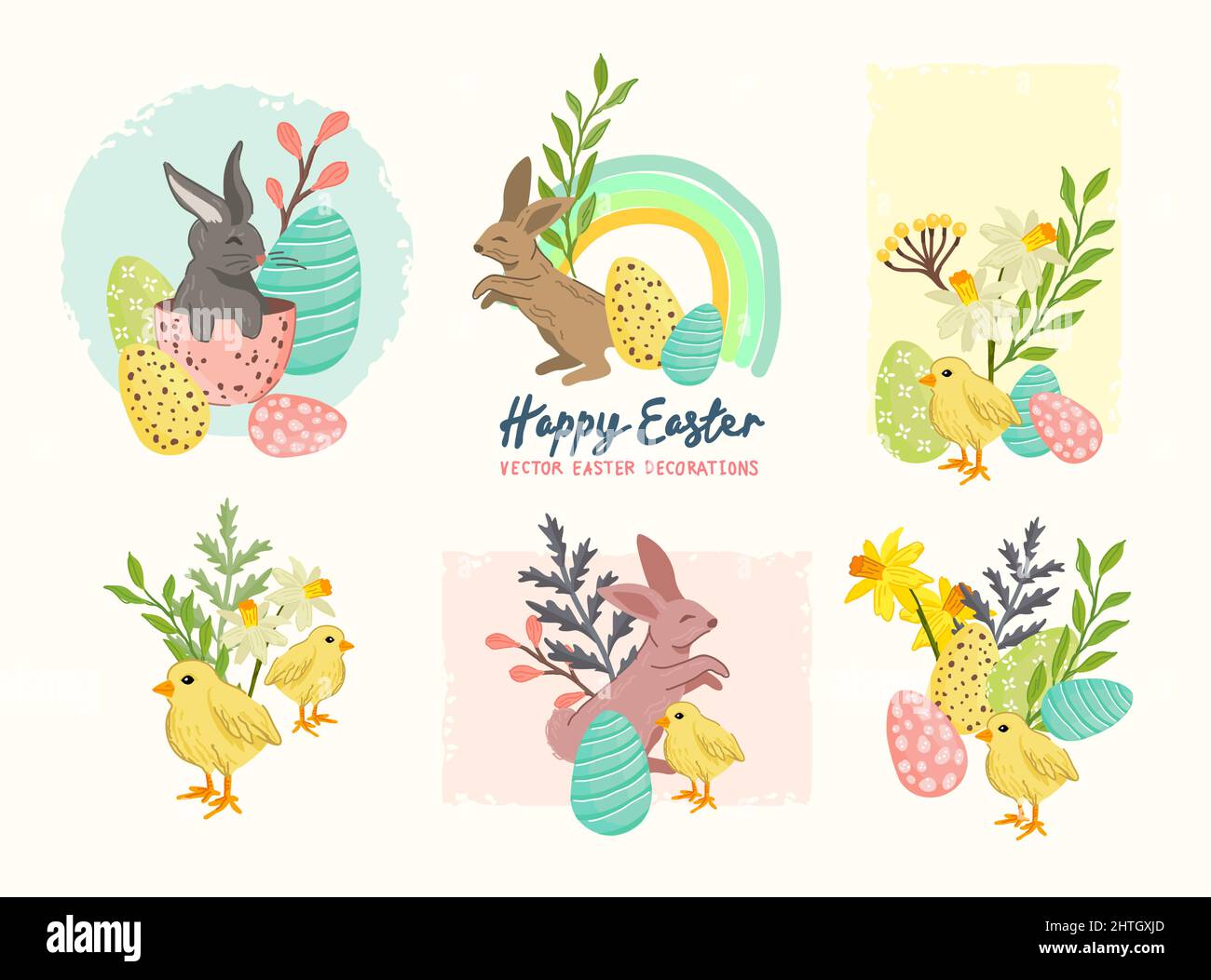 Una colección de dibujos de pascua y primavera con conejos, huevos y decoraciones florales. Vector Ilustración del Vector