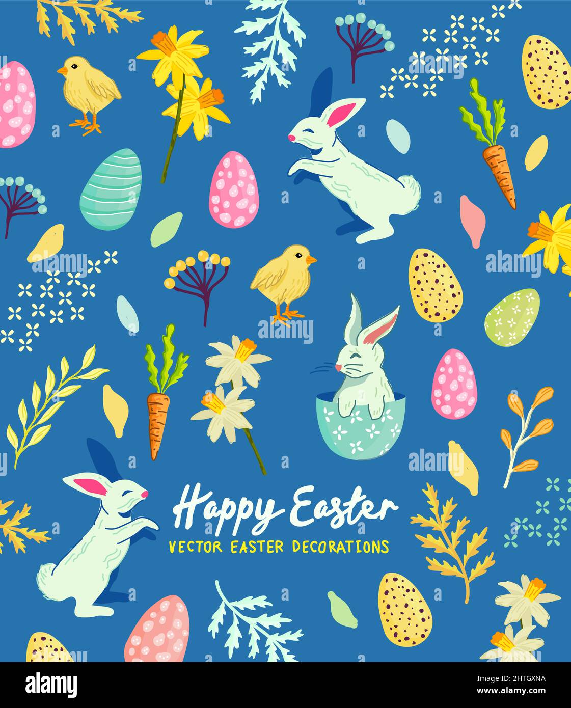 Fiestas de Pascua de fondo con conejos, huevos y diseños florales. Ilustración vectorial. Ilustración del Vector