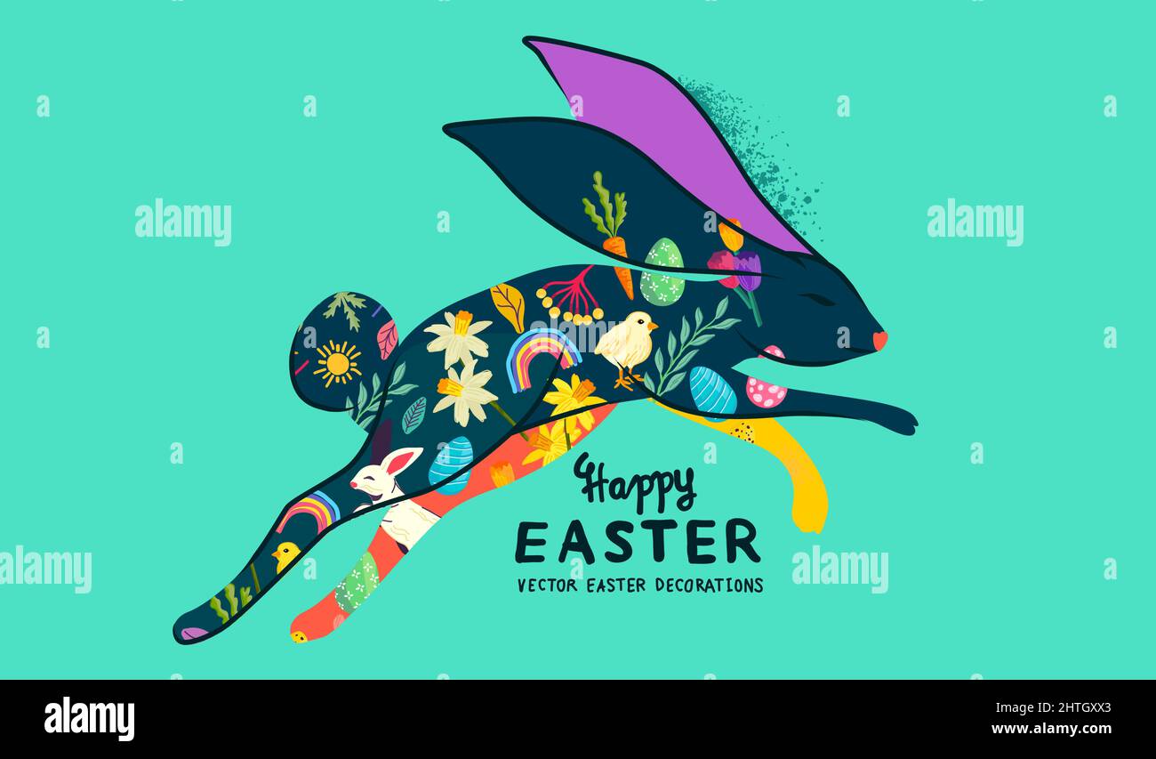 Diseño de conejo festivo y alegre decorado con motivos florales y de pascua. Ilustración vectorial. Ilustración del Vector