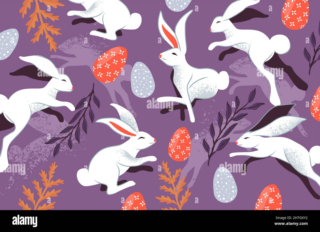 Conejos saltando con huevos de pascua y decoraciones. Ilustración del vector del tiempo de la primavera de Pascua. Ilustración del Vector