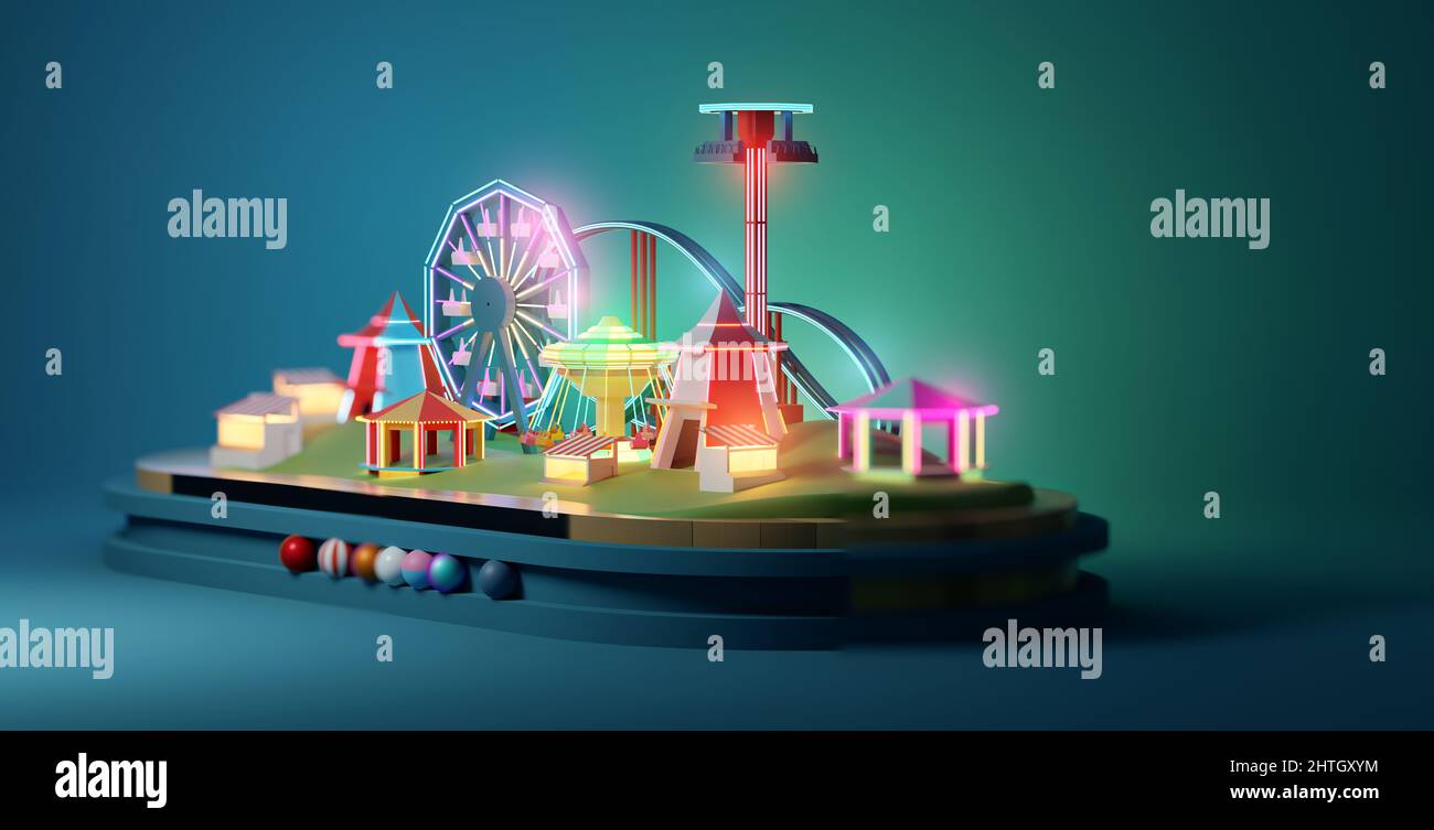 Las atracciones y atracciones de feria y carnaval muestran el fondo con luces de neón. Ilustración 3D Foto de stock