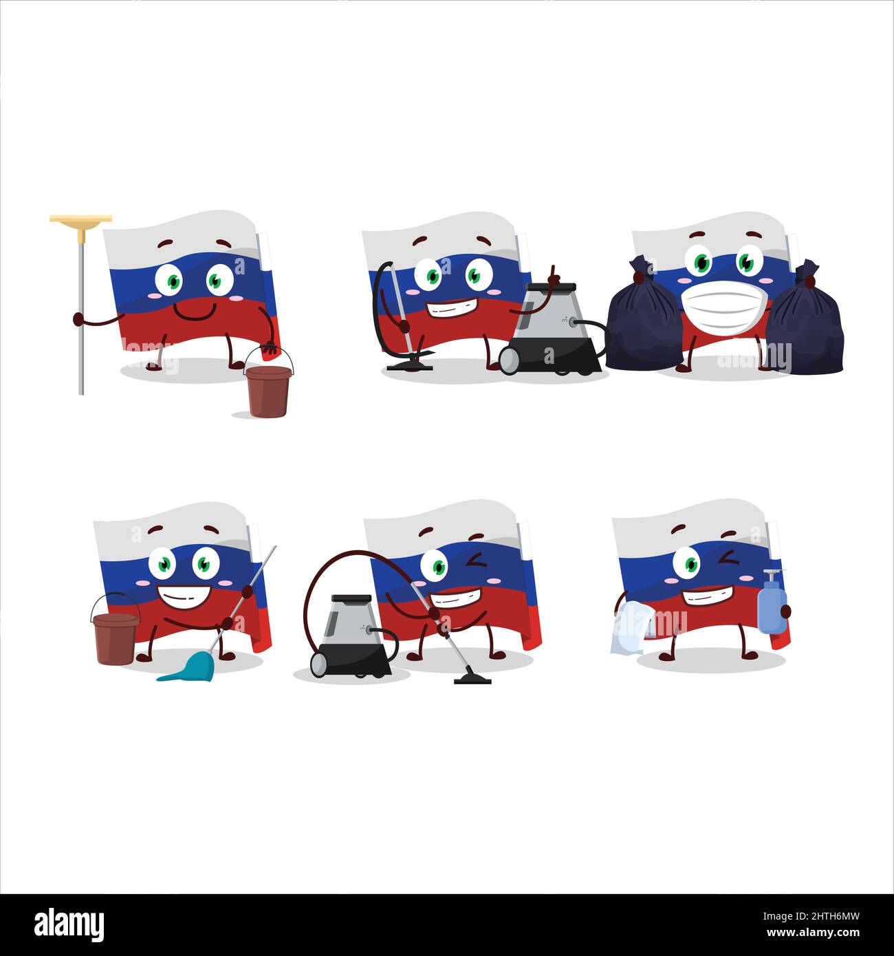 Servicio de limpieza rusia bandera lindo personaje de dibujos animados